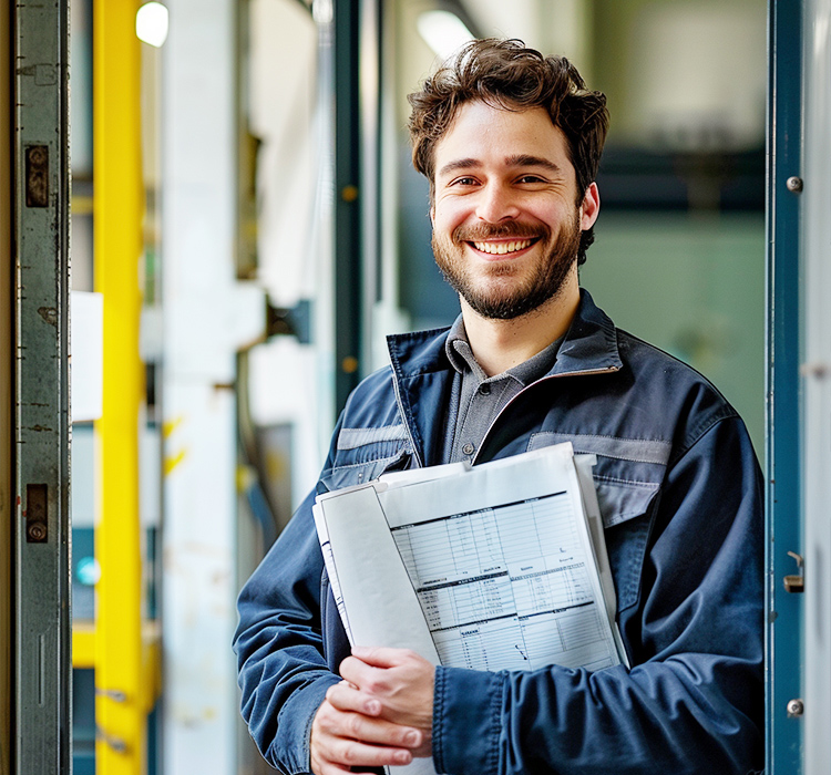 Mann, die Dokumente im industriellen Umfeld hält, möglicherweise im Zusammenhang mit der Herstellung oder Wartung von Elektrowerkzeugen, mit Schwerpunkt auf Abrisshammer, Rotary Hammer und Jack Hammer -Produkten.