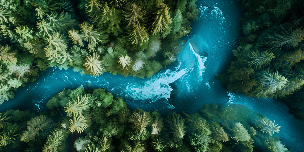 Luftansicht einer üppigen Waldlandschaft mit einem kurvenreichen Fluss, der die natürliche Schönheit und Ruhe der unberührten Natur zeigt.