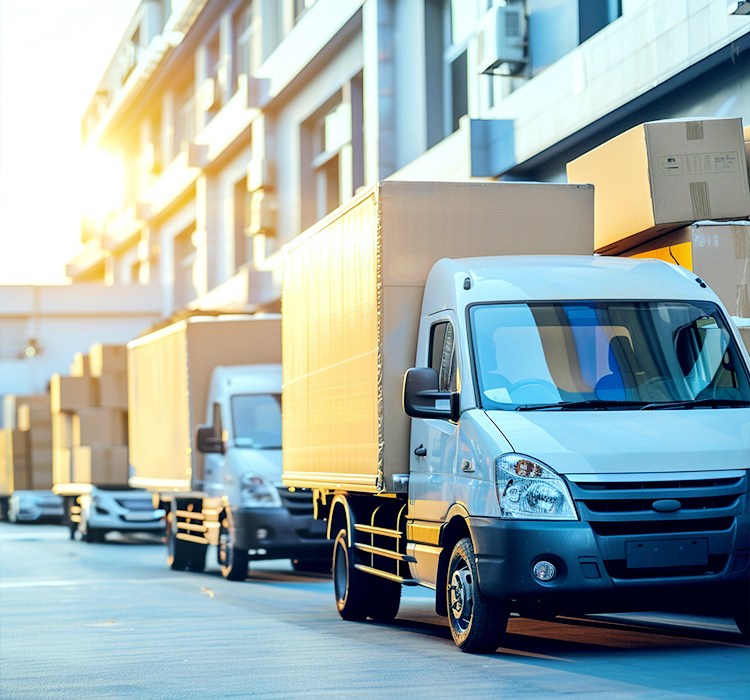 Sunlit Warehouse -Szene mit einer Reihe von Lieferwagen, die bereit sind, eine Vielzahl von Elektrowerkzeugen zu transportieren, darunter Abrisshämmer, Rotary -Hämmer und Jack Hammers.